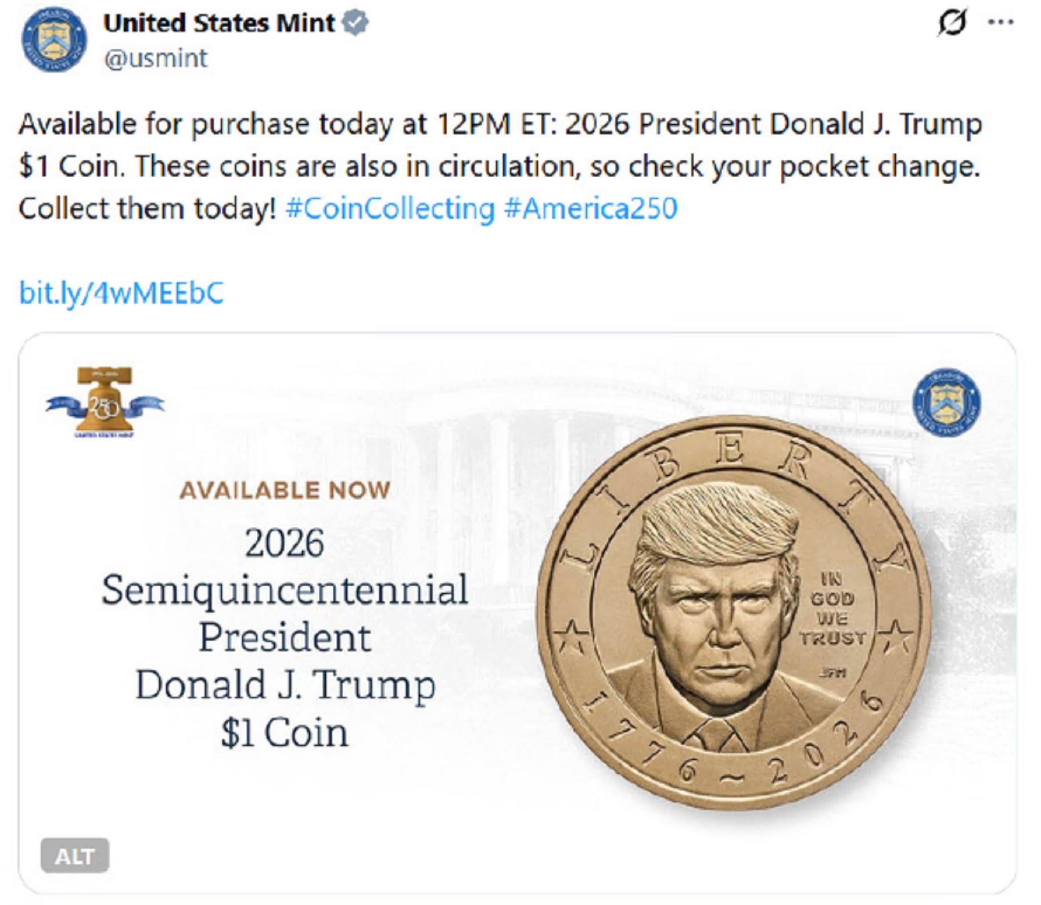 In circolazione la moneta d’oro da 1 dollaro con l'effigie di Trump