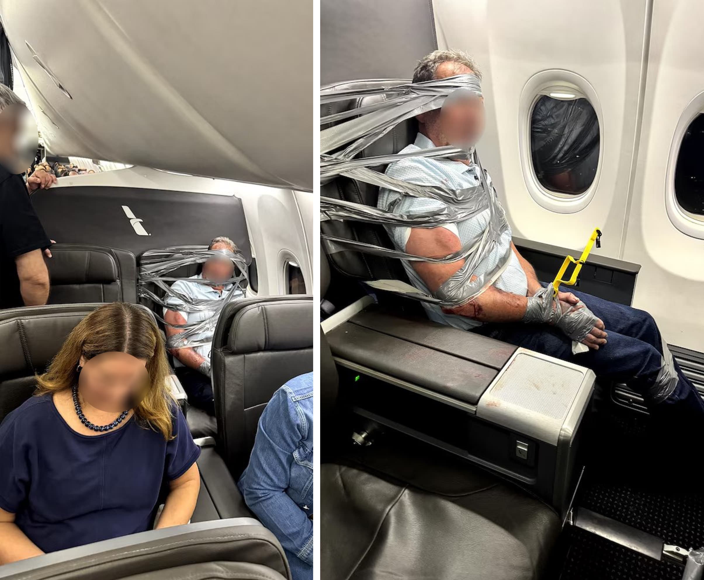 Passeggero violento in volo, immobilizzato con nastro adesivo e fascette